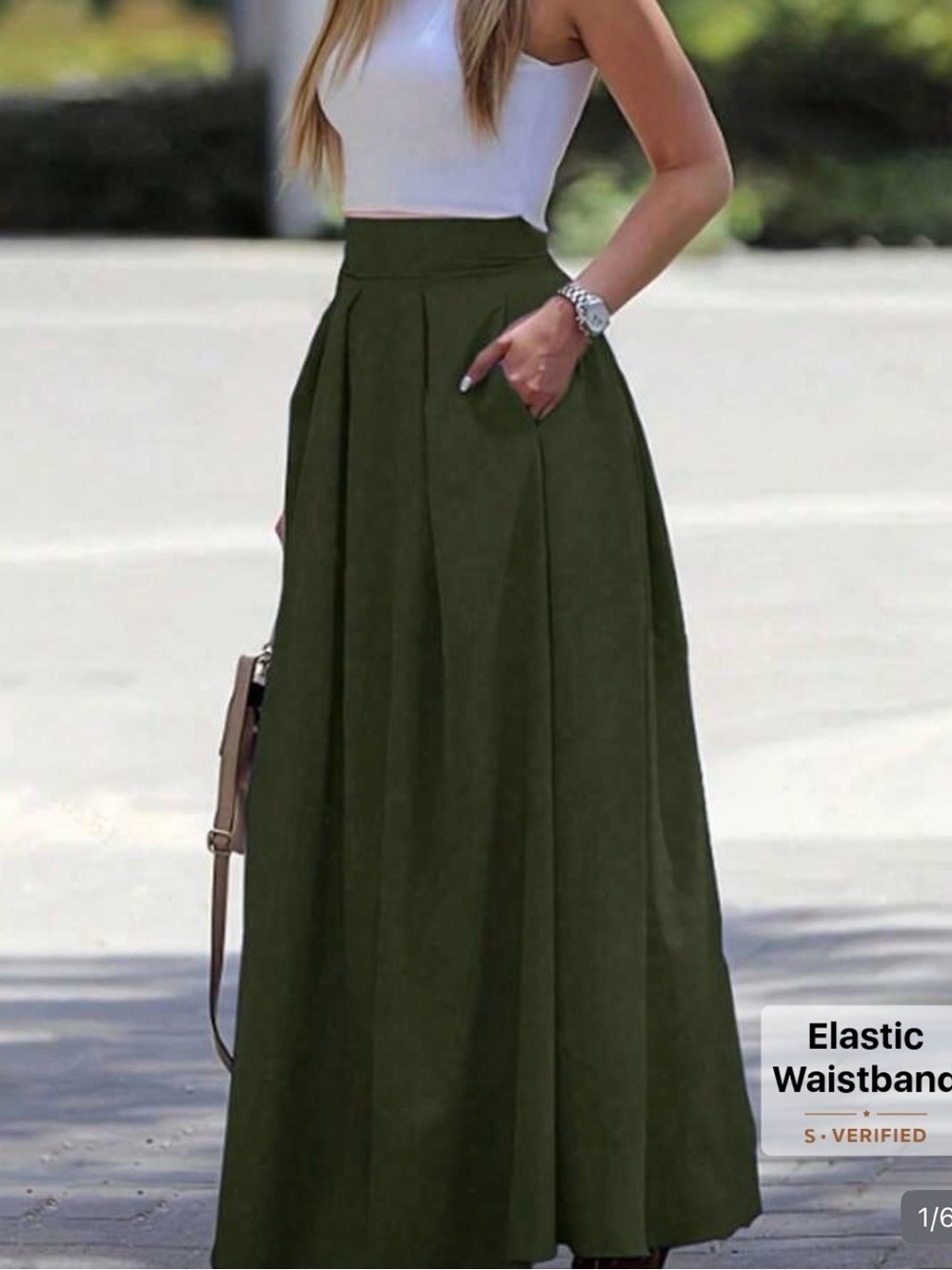 High-Waist Olive Maxi Skirt with Pockets
